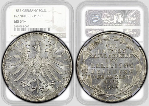Germany, Frankfurt, 2 Gulden 1855, Religious Peace, NGC MS 64+