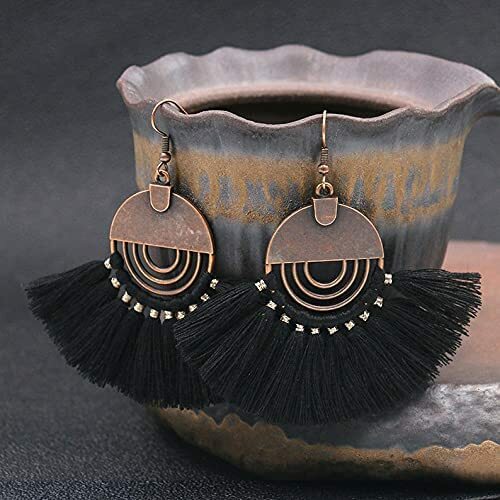 Pendientes bohemios de calidad ligera con flecos negros macrame - Imagen 1 de 2