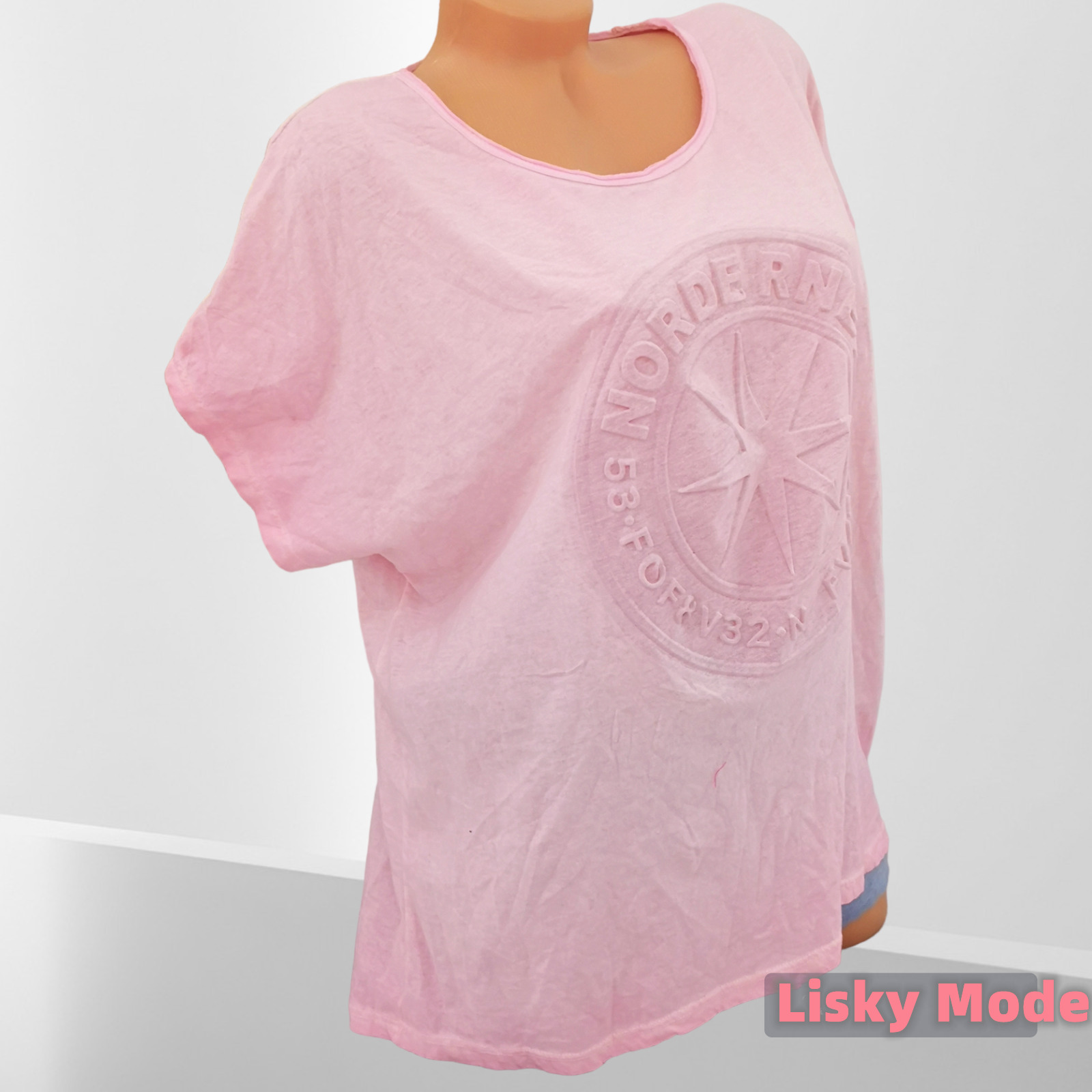 Oversized Italy Damen Shirt 3D Waschung Frontdruck Sterne hell Rosa 38 40 42 NEU