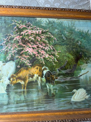 Impresión antigua "Niña y vacas por escena de paisaje fluvial" - Enmarcada - Imagen 10 de 14