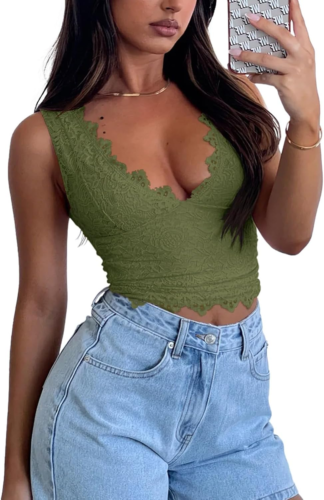 Womens Sexy V-Neck Sleeveless Double Lined Going Out Y2K Trendy Lace Cropped Tan - Picture 4 of 12