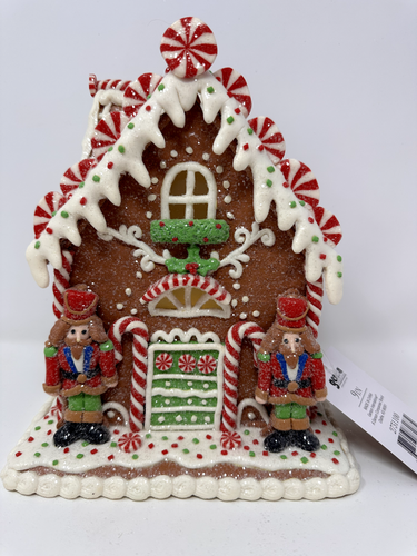 Casa de pan de jengibre iluminada, Candyland Christmas Village, marrón rojo blanco, NUEVO 9" - Imagen 5 de 28