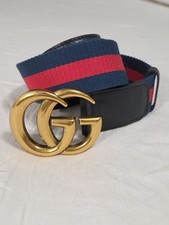 Gucci GG Brass Buckle Striped Navy Red Dress Belt Men's 34-36 IT 100CM