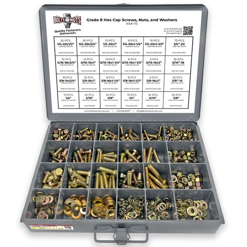 Grade 8 Hex Cap Bolts Screws, Nuts, Washers, Lock Washers Assortment Kit - 57...