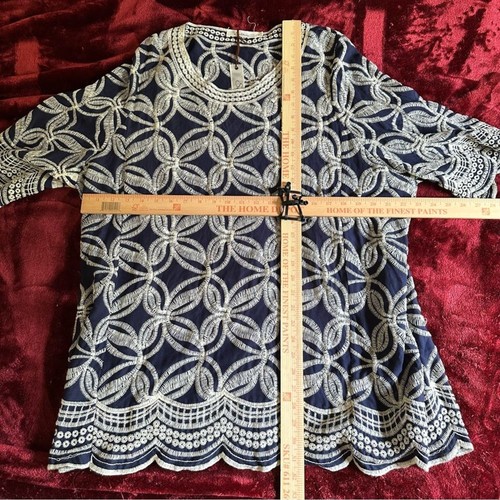 Top túnica Anthropologie Solitaire bordado azul marino y crema 2X nuevo con etiquetas - Imagen 9 de 9