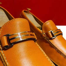 $849.00 !! PRADA MEN LUXURY ORANGE  LEATHER LOAFERS SHOES MARK UK SIZE 8