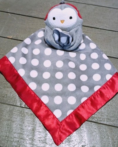 Antigua manta de seguridad Lovey a lunares blancos gris marino pingüino borde rojo sedoso 14"