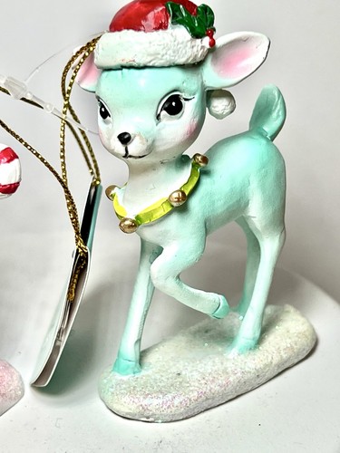 2 ORNAMENTI NATALIZI CERVO VERDE MENTA PASTELLO E ROSA STILE VINTAGE RENNA - Foto 4 di 7