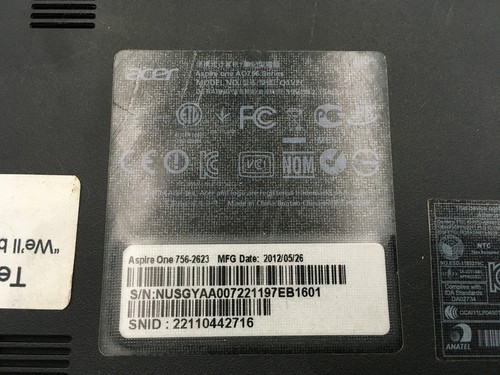 ACER ASPIRE ONE 756-2623 - FOR PARTS/NO POWER - Intel Celeron 877 - 2GB RAM - BB - Picture 8 of 8