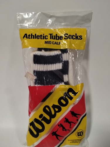 Calcetines Vintage Wilson Tubo Azul Blanco Atlético Algodón Orlon Acrílico Años 80 9-15 Nuevos - Imagen 3 de 6