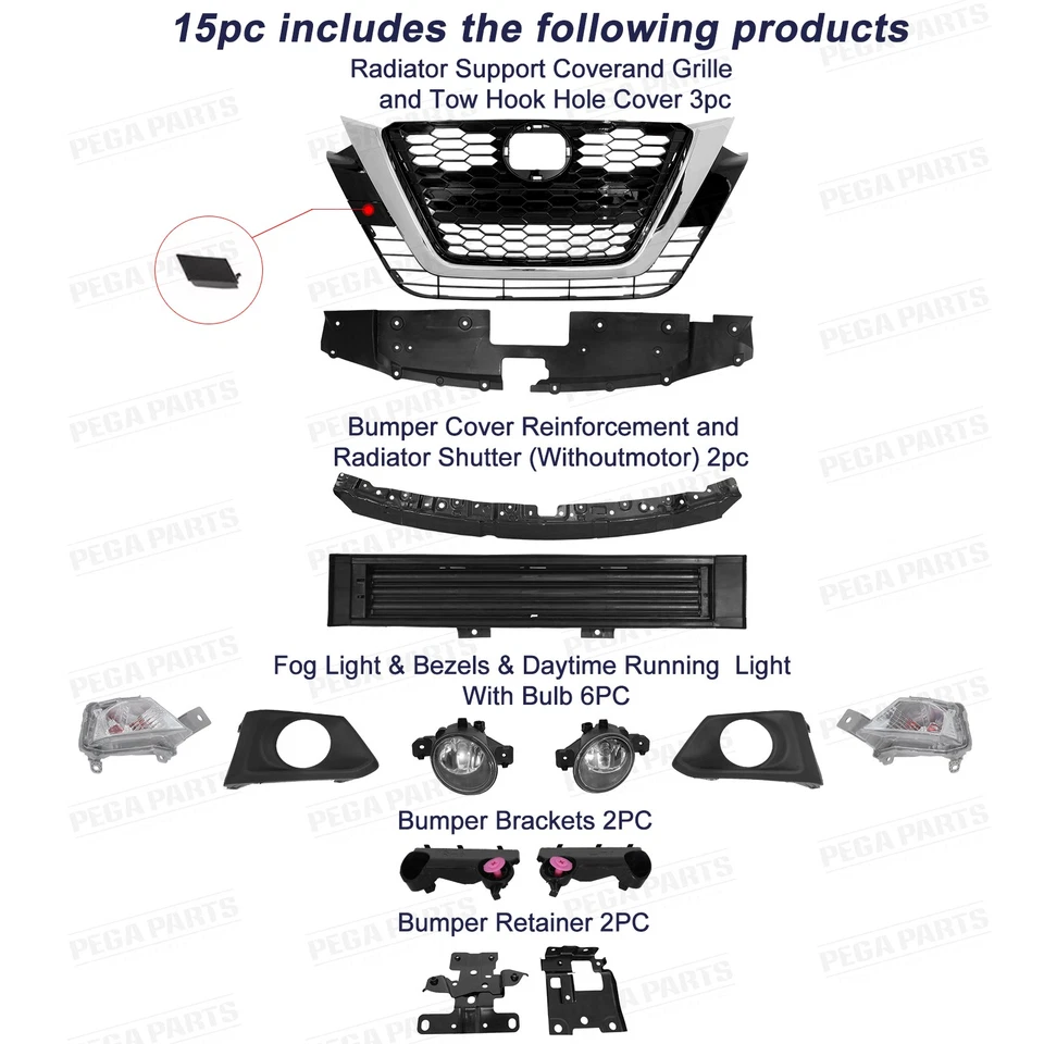 Front Bumper Cover Grille Radiator Shutter Fog Light For 2019-2021 Nissan Altima - Image 2 of 4