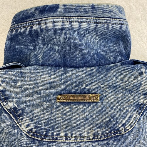 Vintage Blues Denim Jacket Acid Washed L Double Collar 80s Mallrat Leather Trim - Picture 19 of 21