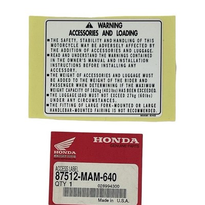 87512-MAM-640 OEM HONDA 1995-96 GL1500A GW ACCESSORIES & LOADING Label Decal NOS