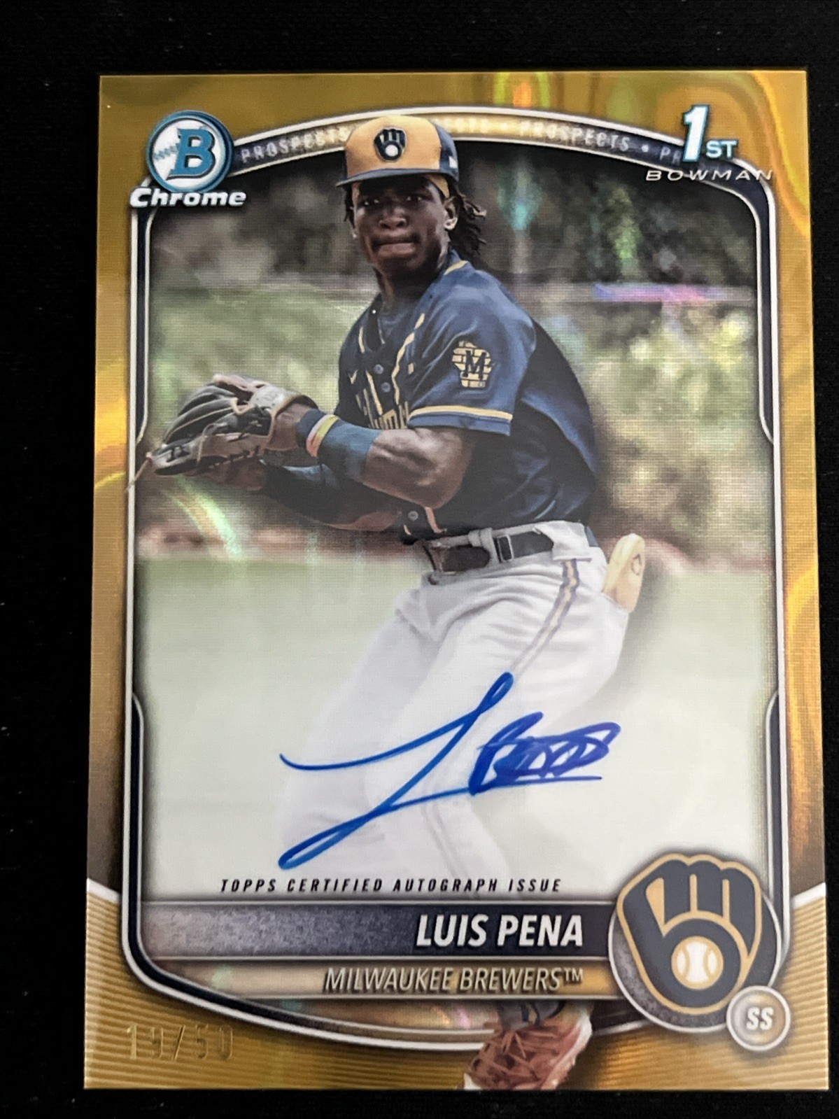 2025 Bowman Luis Pena Chrome Auto Gold Lava Refractor 1st #/50 Brewers