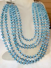 STUNNING BLUE AQUAMARINE 8MM NECKLACE 6 STRANDS & EARRINGS SET NEW !