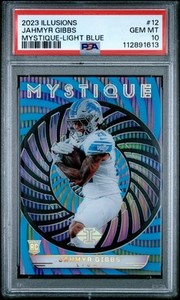 2023 PANINI ILLUSIONS MYSTIQUE LIGHT BLUE #12 JAHMYR GIBBS 112/299 PSA 10