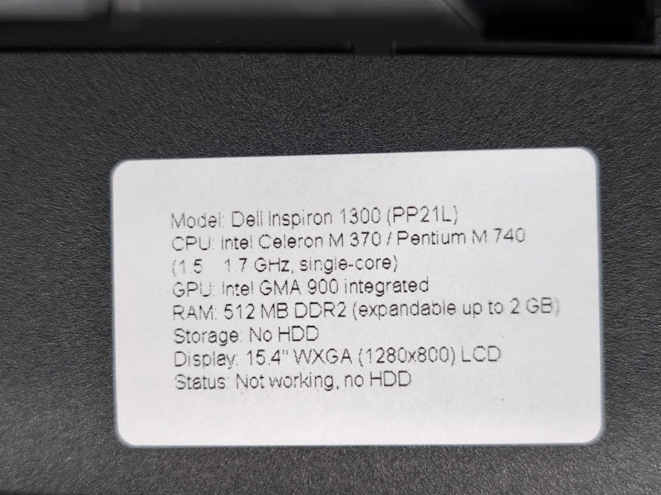 Dell Inspiron 1300 (PP21L) Laptop - For Parts, No HDD, Not Working - Image 2 of 4