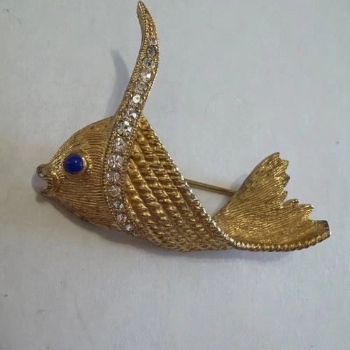 Vintage Signed Eisenberg Ice Gold Tone Rhinestone Tropical Fish Brooch Pin2" K92