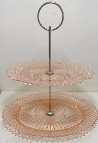 1934 PINK CRYSTAL 2 Tiered Serving Stand Sunburst & Hatch Pattern 11” & 8.5” - Picture 6 of 9
