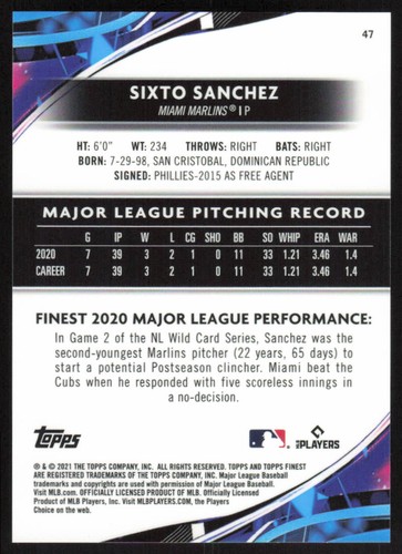 2021 Topps Finest Purple Aqua Vapor Refractor Sixto Sanchez /250 Miami Marlins - Picture 2 of 2