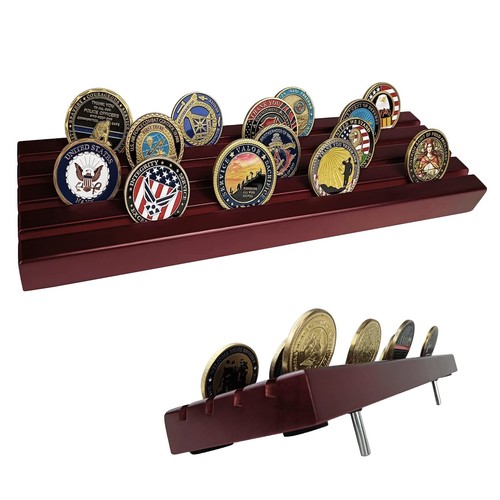 Solid Wood Challenge Coin Holder 4-Row Holds 30 Coins Red for Collectors - Picture 1 of 7