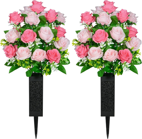 Artificial Cemetery Flowers, Grave Memorial Flowers with Vase, Artificial Rose B - Picture 11 of 12