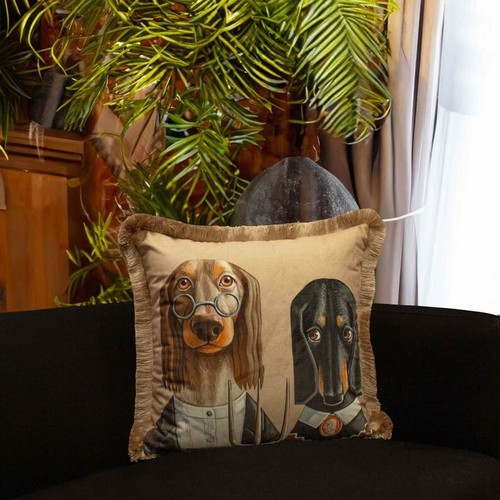 Dog Couple Velvet Pillow Cover – American Gothic Funny Art Cushion 45x45 cm - 第 6/6 張圖片