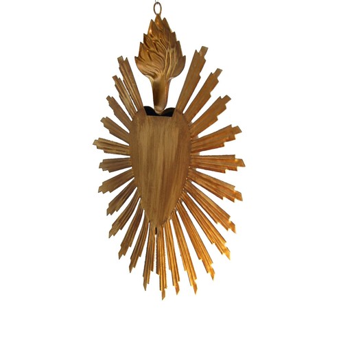 8in Sacred Heart Ex Voto with Sunray Halo, Antiqued Brass Milagro Ornament - Picture 3 of 5
