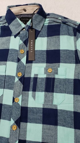NWT Tackma Mens Small Teal Navy Blue Plaid Long Sleeve Flannel Shirt - Picture 6 of 12