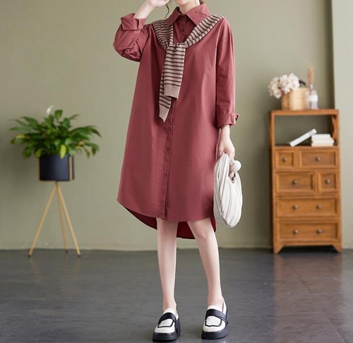 Womens Autumn Fashion Lapel Long Sleeve Loose Stripe Kniting Scarf Shirt Dress - Picture 6 of 14