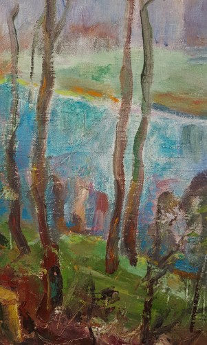 Dipinto olio originale, artista ucraino Korenchuk, alberi, paesaggio fluviale - Foto 6 di 8