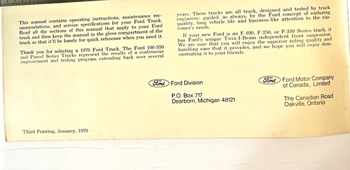 Vintage 1970 Ford Truck 100 THRU 350 & P-Series Operators Manual 3651-70-3 - Picture 5 of 5
