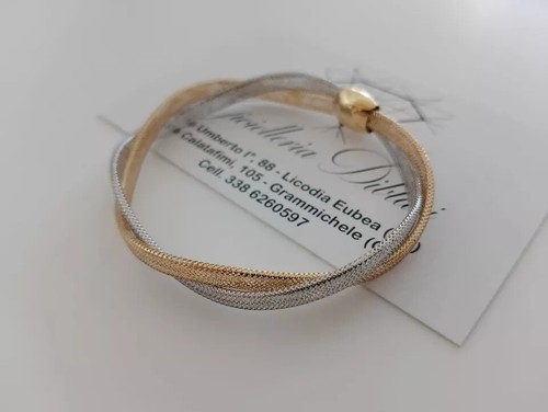 18 KARAT YELLOW WHITE GOLD ELASTIC BRACELET LINKS BRAIDED CHAIN MADE IN ITALY - Picture 3 of 9