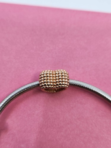 Pandora 925 ALE Open Bangle Cuff Bracelet w/Beaded Heart Charm - Picture 9 of 9