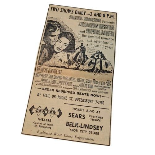 Vtg 1962 El CID Movie Times Newspaper AD Sophia Loren Center Theatre St Pete FL - Bild 2 von 6