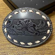 Vintage Sewn Hand Tooled Gray Leather Tropical Floral Hawaiian Belt Buckle