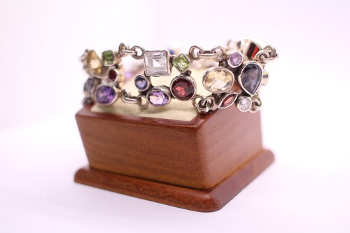 Vintage Multicoloured Gemstone Silver Bracelet with T-Bar - Picture 8 of 18
