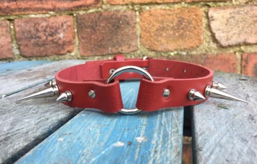 Real Leather Spiked O-Ring Choker Necklace Choice of Colour & Spikes Handmade - Picture 8 of 10