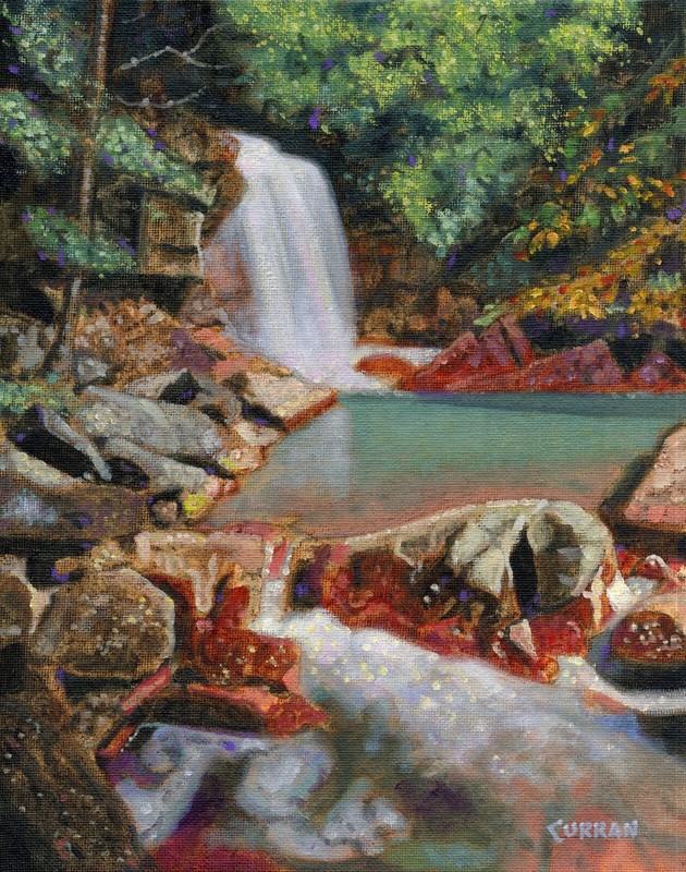 ORIGINAL OIL PAINTING, BEAUTIFUL WATERFALL IN WOODS LANDSCAPE, listed artist NR!