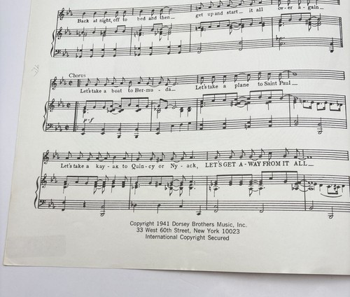 Lets Get Away From It All Vtg Piano Sheet Music Tom Adair Matt Dennis 1941 Pop - Picture 3 of 6