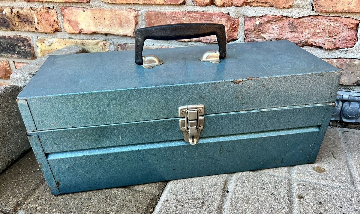 Vintage Sears Blue Metal Tool Box W/ Removable Tray 18x7x7 Heavy Duty  USA