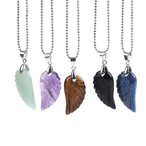 Gemstone Angel Wing Pendant Chain Necklace Natural Chakra Healing Stone - Picture 1 of 13