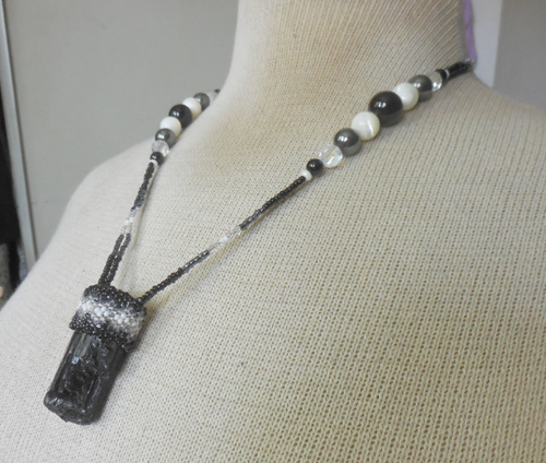 Raw Black Tourmaline Adjustable Beaded Necklace w/ Onyx Hematite Gemstone Beads - Picture 3 of 10