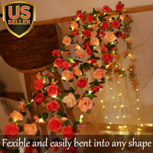 60 LED Flower Rose Vine Fairy String Lights, 2 Pack Battery Powered Artificia...