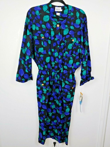 FLAWLESS NEW VTG LESLIE FAY Leaf Belted Dress 3/4 Sleeve SZ 14 -lp - Picture 3 of 10