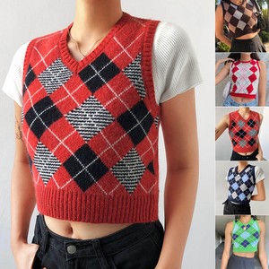 GirlzWalk Womens Check Print V Neck Knitted Vest Sleeveless Jumper Ladies Sweater Tank Top