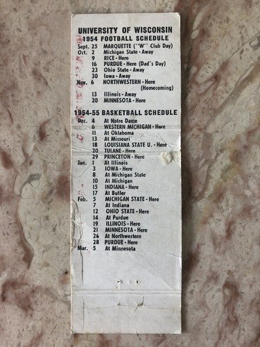 University Of Wisconsin 1954 1955 Football & Basketball Schedule Matchbook Cover