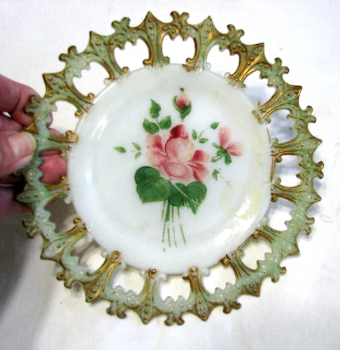 Antiq Milk Glass Dish with Green Fleur De lis w/Gold Accents Reticulated*ON SALE