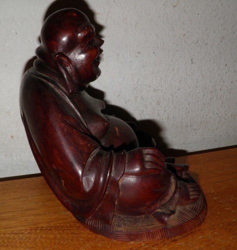 ANTIQUE ORIGINAL CARVED BUDDHA STATUE HAPPY SITTING LAUGHING FIGURE WOOD 6x7x8" - Picture 4 of 12