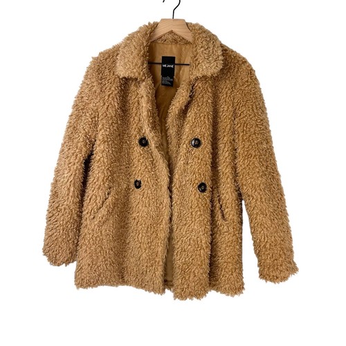 Me Jane Teddy Coat Womens 16 Plus Size Faux Fur Button Up Hip Length Tan 90s Y2K - Picture 2 of 11
